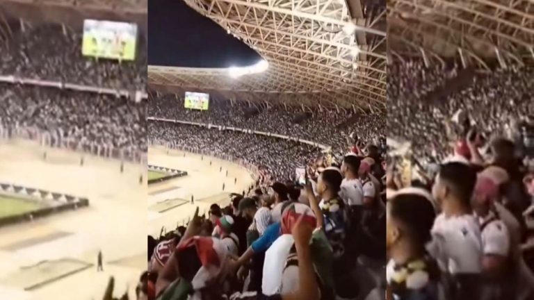 Supporters wave the slogan "Mamsotinish" during the Algeria-Equatorial Guinea match
