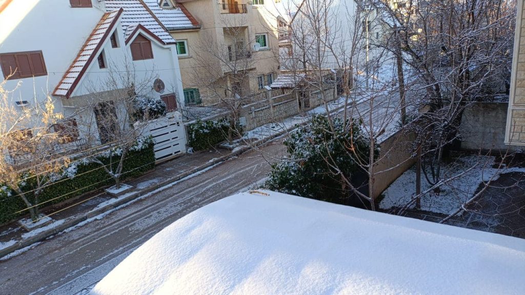 Bakeries in white with a view of falling snow