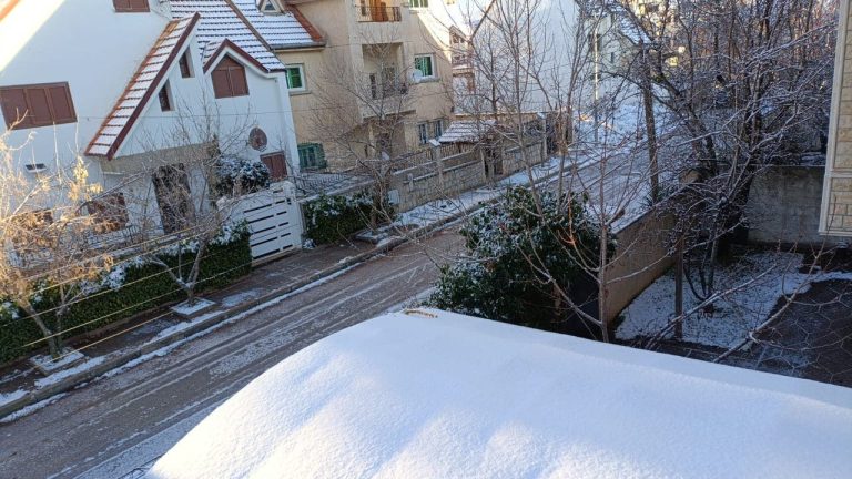 Bakeries in white with a view of falling snow