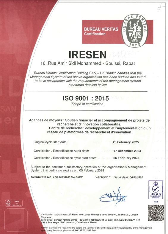 The Institute for Research in Solar Energy and New Energies (Iresen) is proud to announce the extension of its ISO 9001: 2015 certification to all of its activities, allocated by Bureau Veritas Maroc.