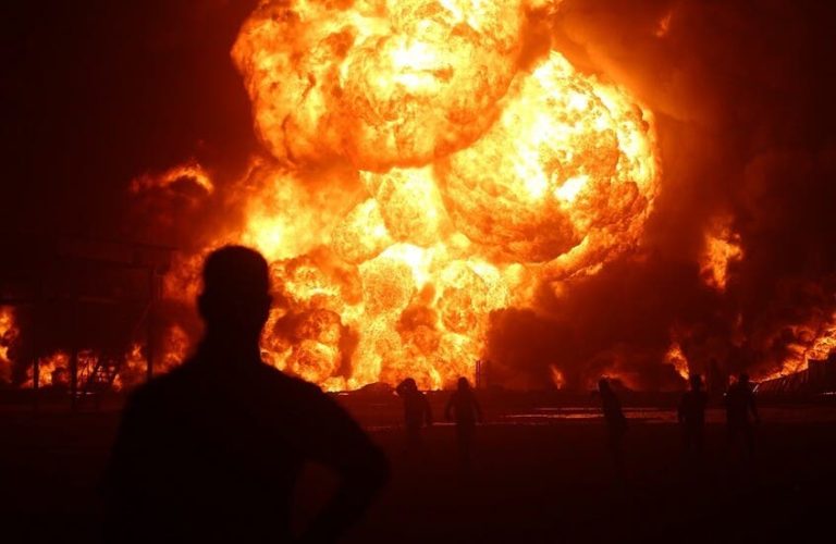 The United States. A huge explosion and fire in an oil refinery