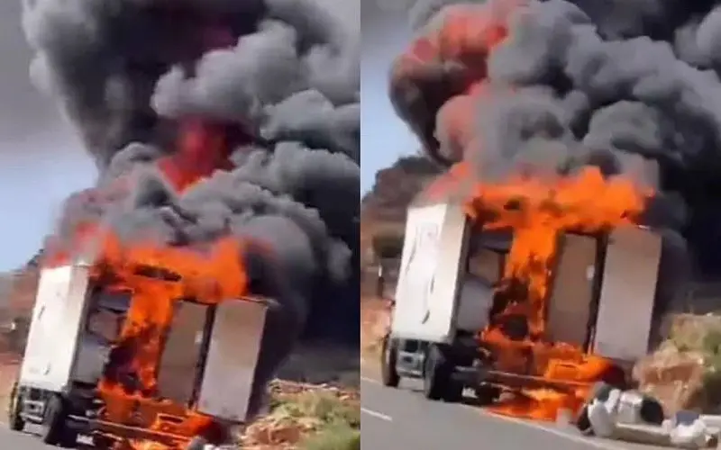 The fire devoured a truck to transport the missionaries on the highway, Tiznit - Dakhla
